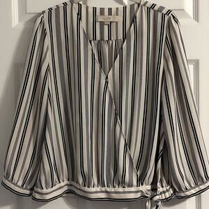 Loft Navy and White Stripe Faux Wrap Blouse Top 3/4 Sleeves Size‎ Medium